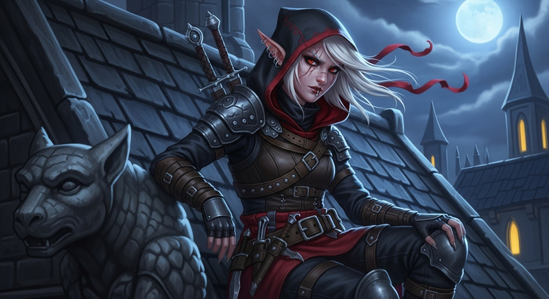 Moonlit Half-Elf Rogue on Rooftop | Northern City Character Art Moonlit Half-Elf Rogue on Rooftop | Northern City Character Art