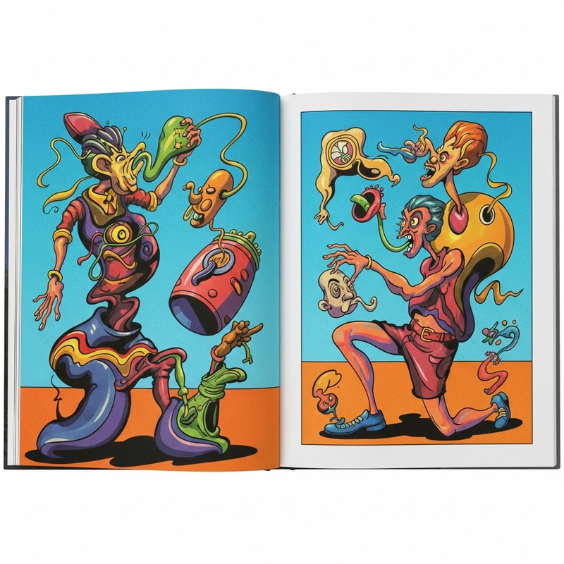 Bright and Unpredictable Book Page with Surreal Illustrations Bright and Unpredictable Book Page with Surreal Illustrations