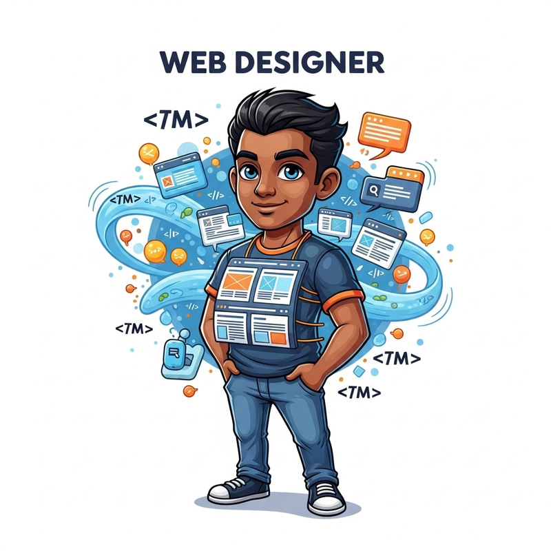 Charming Web Designer Mascot: South Asian Man in Tech Casual Charming Web Designer Mascot: South Asian Man in Tech Casual