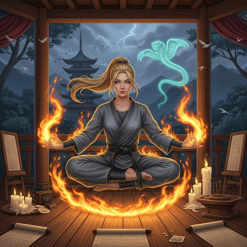 Empowered Korean-American Woman Meditating in Mystical Dojo Empowered Korean-American Woman Meditating in Mystical Dojo