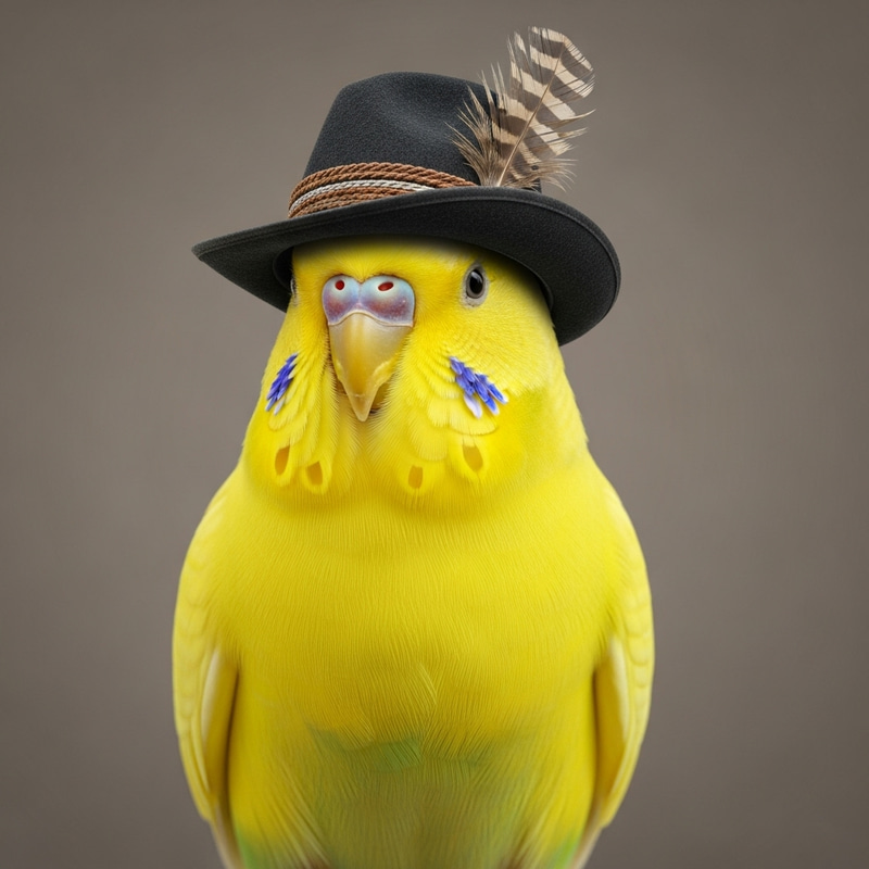 Yellow Realistic Budgerigar in Gentleman's Hat Yellow Realistic Budgerigar in Gentleman's Hat