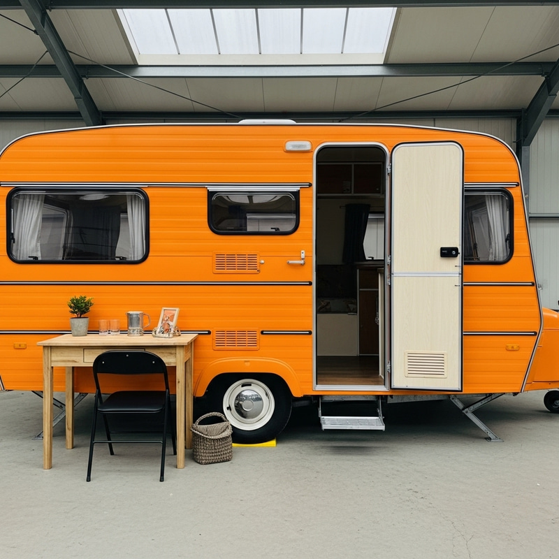 Orange Caravan with Open Middle Doors Orange Caravan with Open Middle Doors