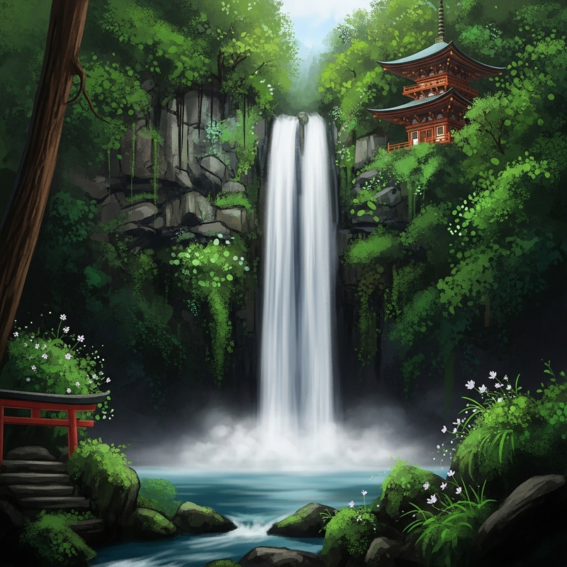 Tranquil Waterfall and Temple Amidst Nature's Serenity Tranquil Waterfall and Temple Amidst Nature's Serenity