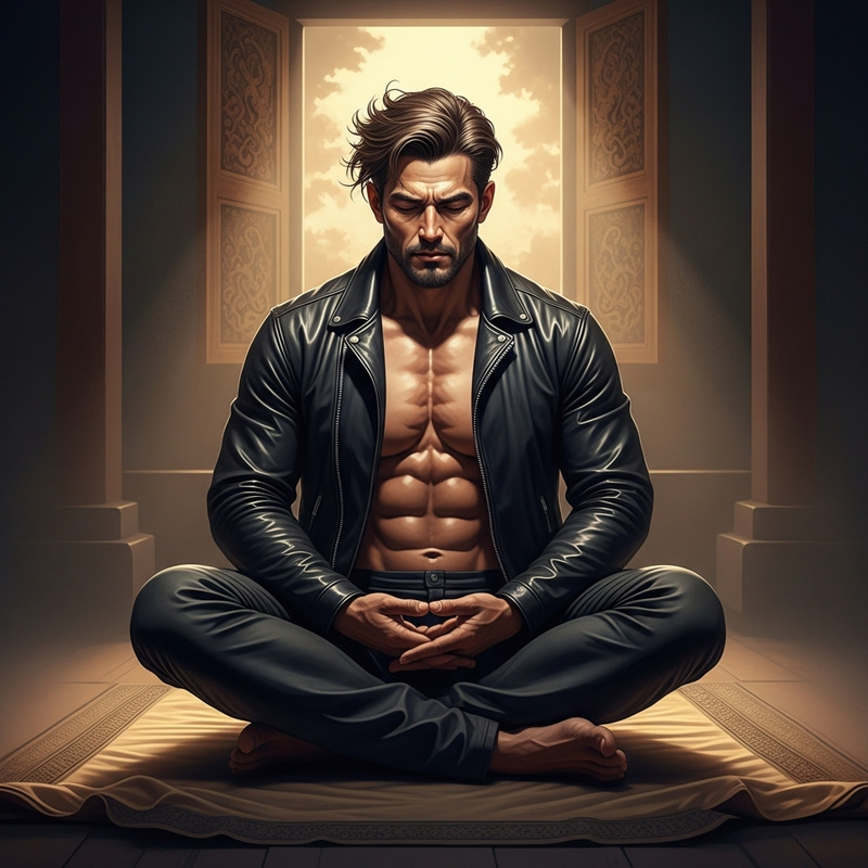 Buddhist Andrew Tate - Meditating in Black Leather Jacket Buddhist Andrew Tate - Meditating in Black Leather Jacket