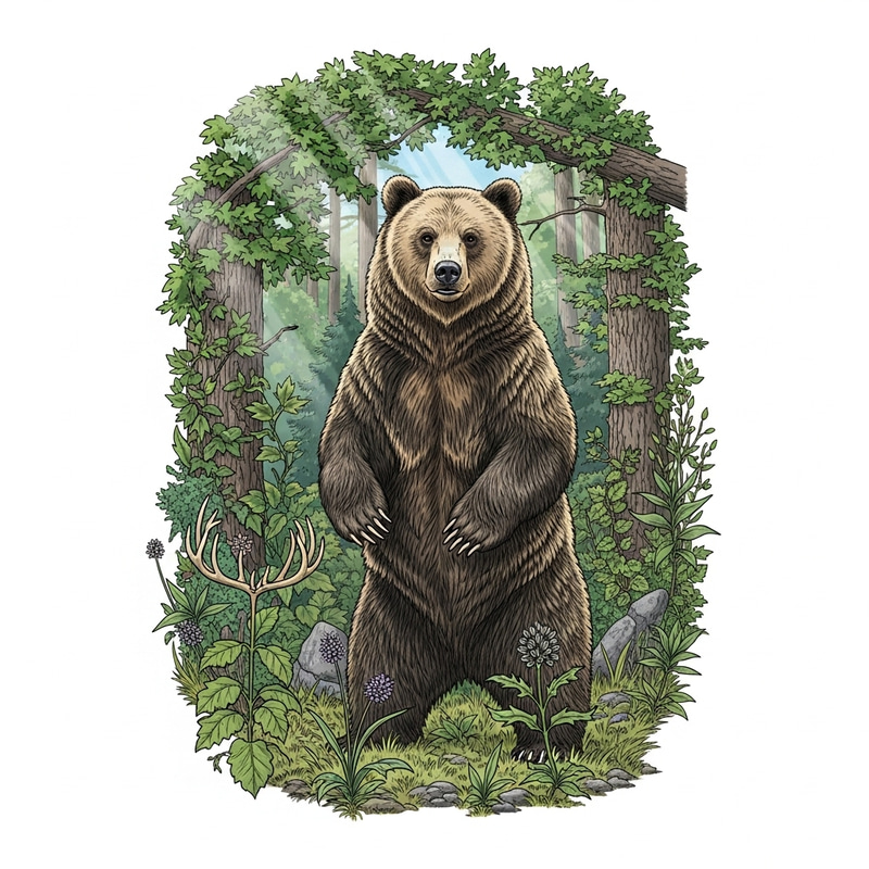 Detailed Grizzly Bear Illustration in Natural Habitat Detailed Grizzly Bear Illustration in Natural Habitat