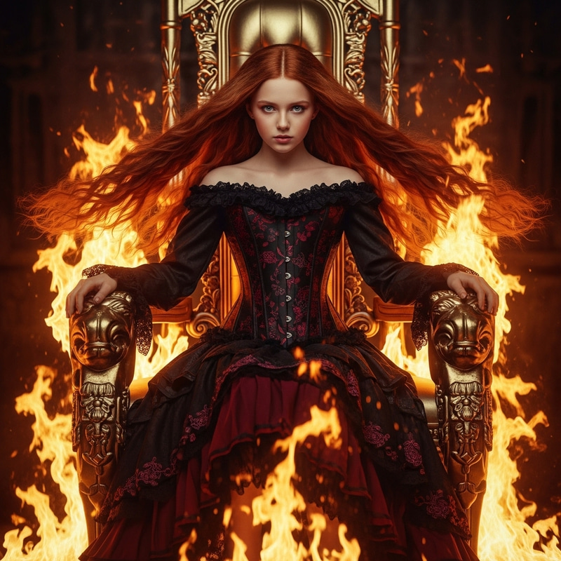 Fiery Red-Haired Girl in Corset Dress on Golden Throne Fiery Red-Haired Girl in Corset Dress on Golden Throne