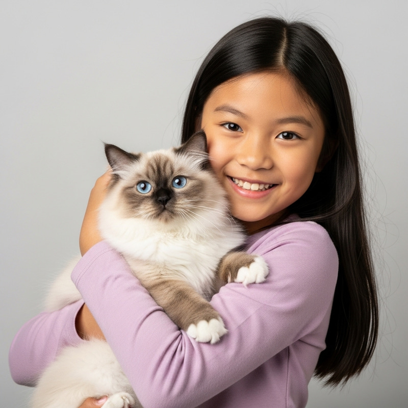 Cheerful Asian Girl with Fluffy Himalayan Cat | Heartwarming Scene Cheerful Asian Girl with Fluffy Himalayan Cat | Heartwarming Scene