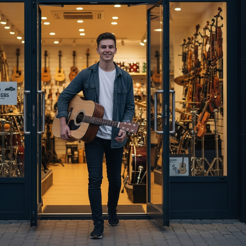 Happy Teenager Leaving Music Store with New Guitar