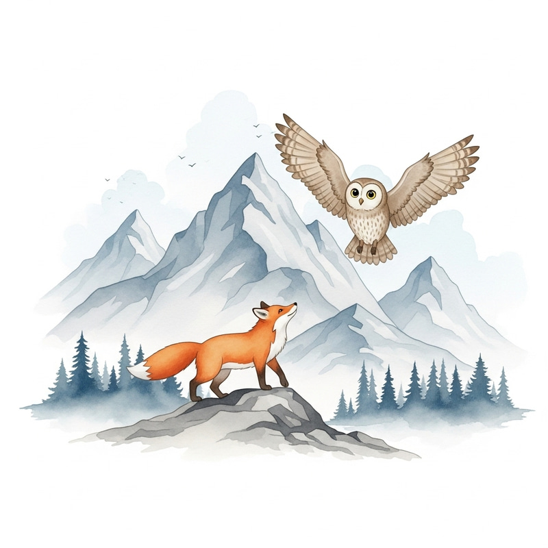 Scandinavian Mountain Range Watercolor with Fox and Owl Scandinavian Mountain Range Watercolor with Fox and Owl