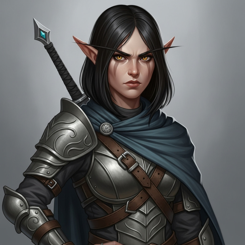 Stern Half-Elf Rogue with Black Hair and Golden Eyes Stern Half-Elf Rogue with Black Hair and Golden Eyes