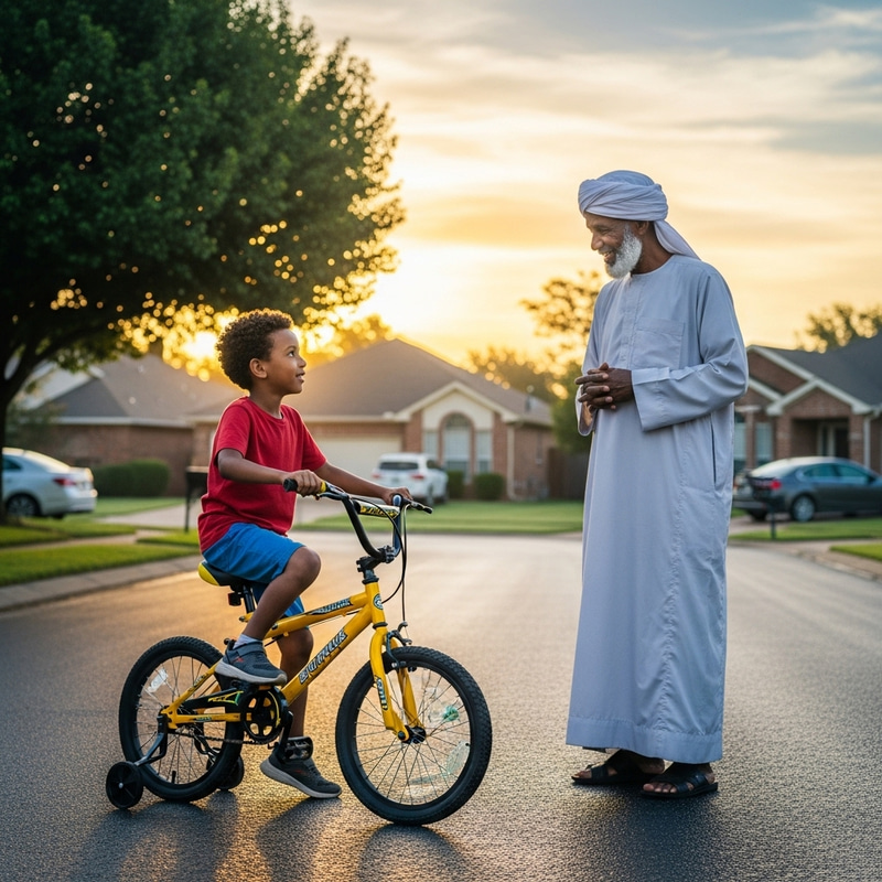Sudanese 6-Year-Old Boy Riding Bicycle with Traditional Man in Morning Scene