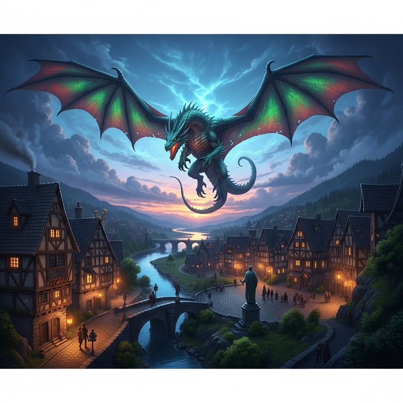 Dragon Flying Over Town - Urban Flight