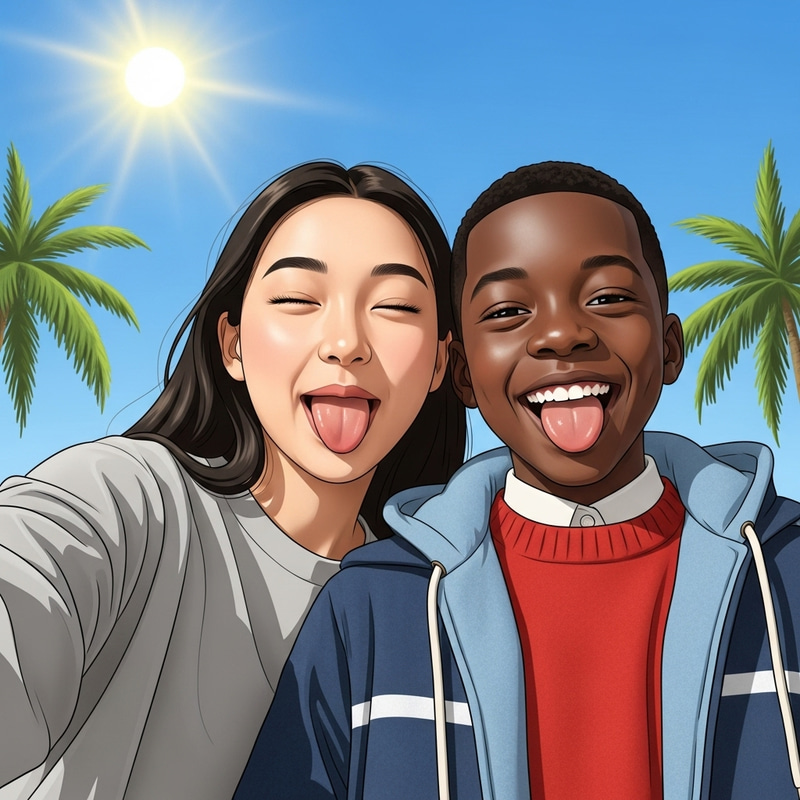 Asian Girl and Black Boy Selfie - Early 20th Century Animation Style Asian Girl and Black Boy Selfie - Early 20th Century Animation Style