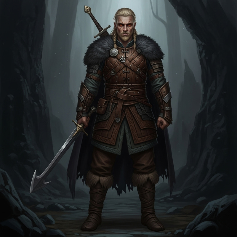 Dark Fantasy Art of Brooding Viking Hunter in Detailed Leather Armor Dark Fantasy Art of Brooding Viking Hunter in Detailed Leather Armor