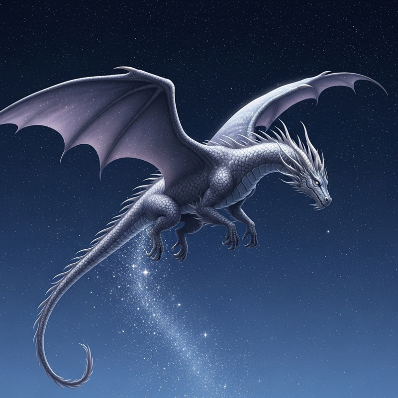 Majestic Dragon Soaring Through Starlit Sky - Birth of Dreams and Imagination