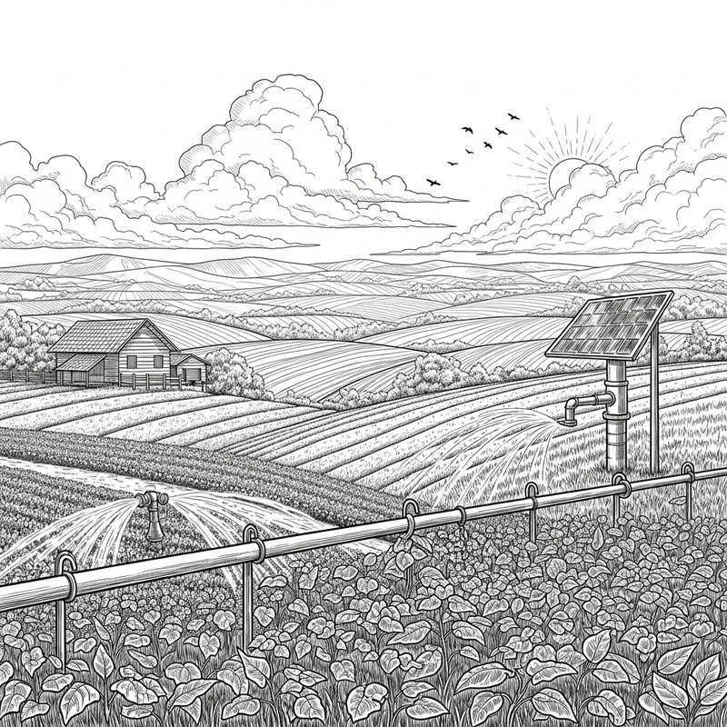 Monochrome Sketch: Serene Countryside with Traditional Farmhouse & Solar Pump