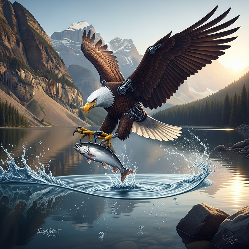 Awe-Inspiring Bald Eagle Illustration: Magnificent Cyborg Bird Capturing Fish Awe-Inspiring Bald Eagle Illustration: Magnificent Cyborg Bird Capturing Fish