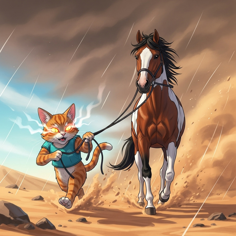 Dynamic Cyberpunk Scene: Ginger Cat and Piebald Horse in Sandstorm