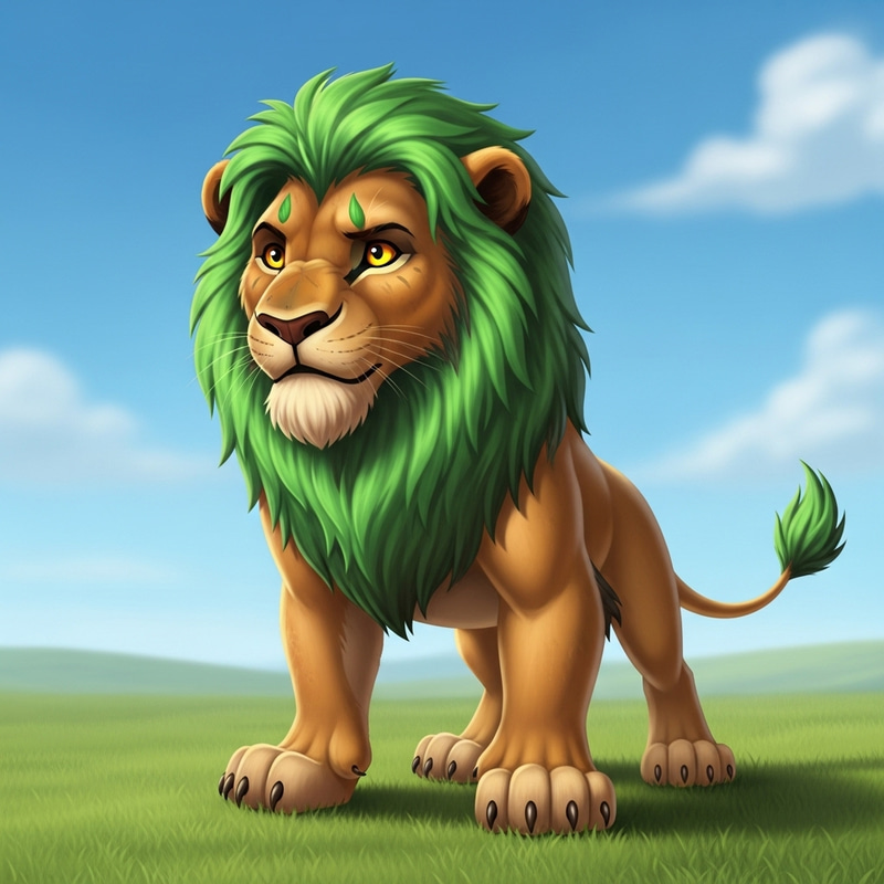 Small Male Lion with Green Mane in Majestic Pose Small Male Lion with Green Mane in Majestic Pose