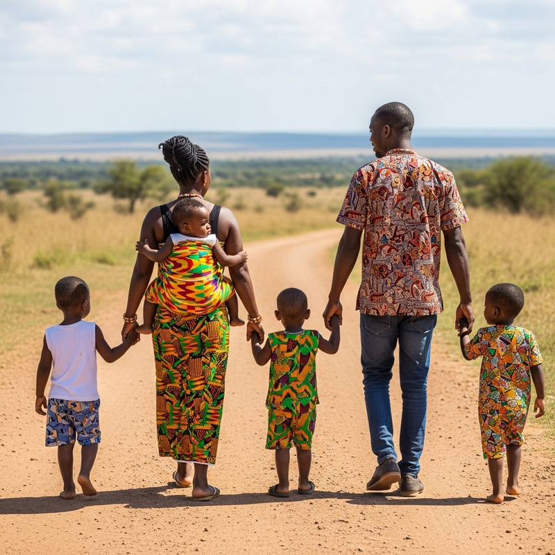 Ghanaian Mother Carrying Child, Family Stroll in Kente Cloth