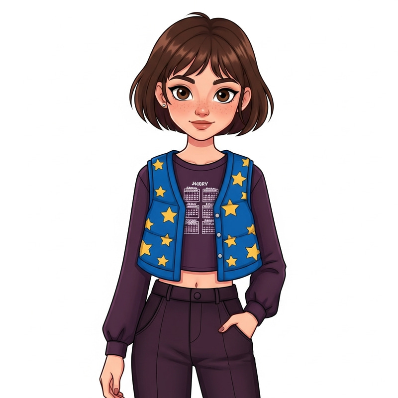 Cartoon Girl in Blue Star Vest and Purple Longsleeve Outfit