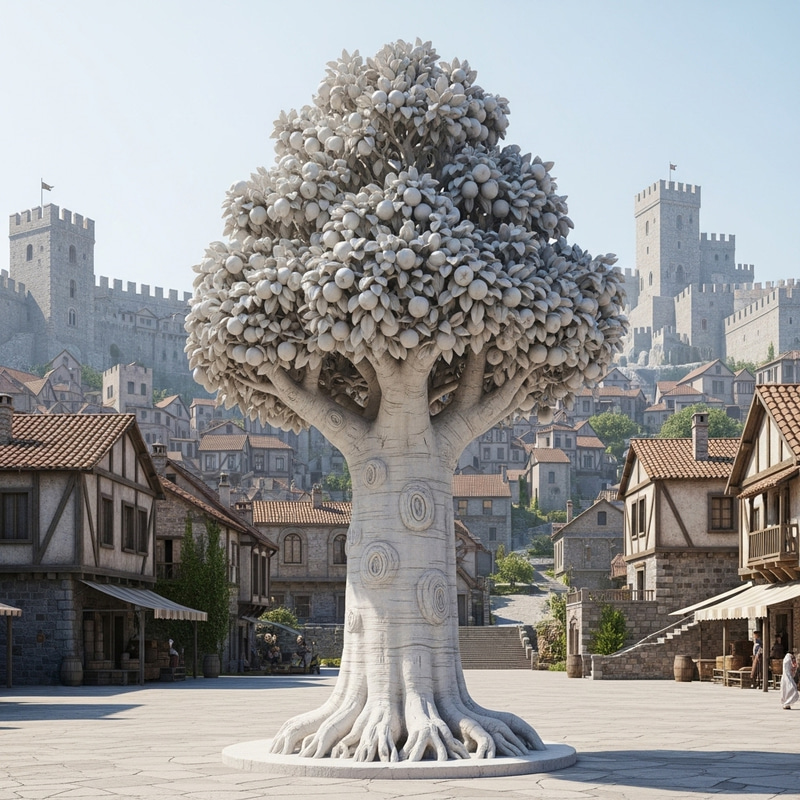 White Marble Apple Tree Statue in Medieval City White Marble Apple Tree Statue in Medieval City