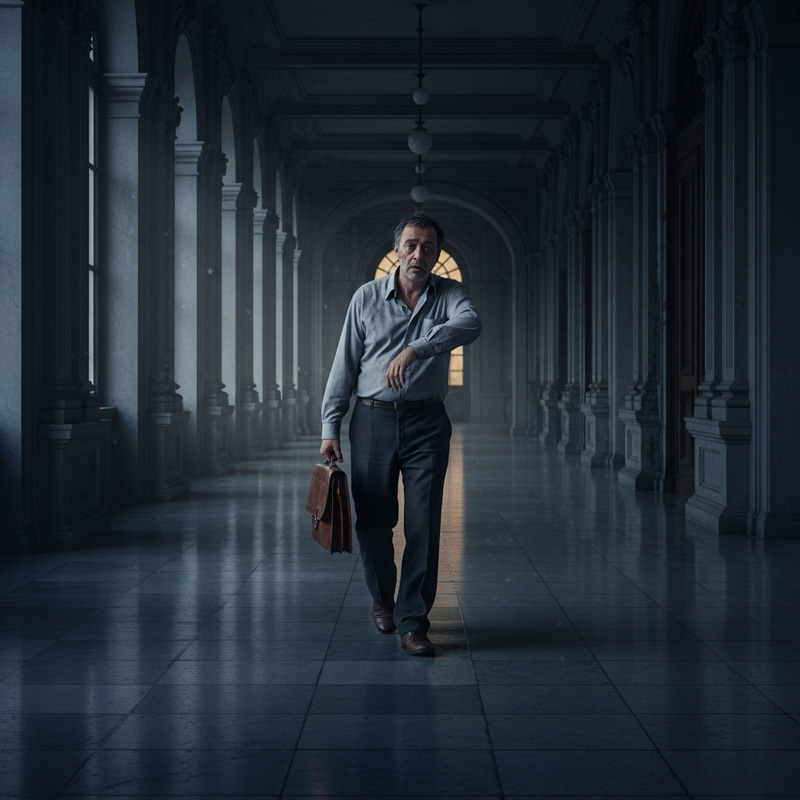 Twilight Burned-Out Man Walking Through Profound Corridor Twilight Burned-Out Man Walking Through Profound Corridor