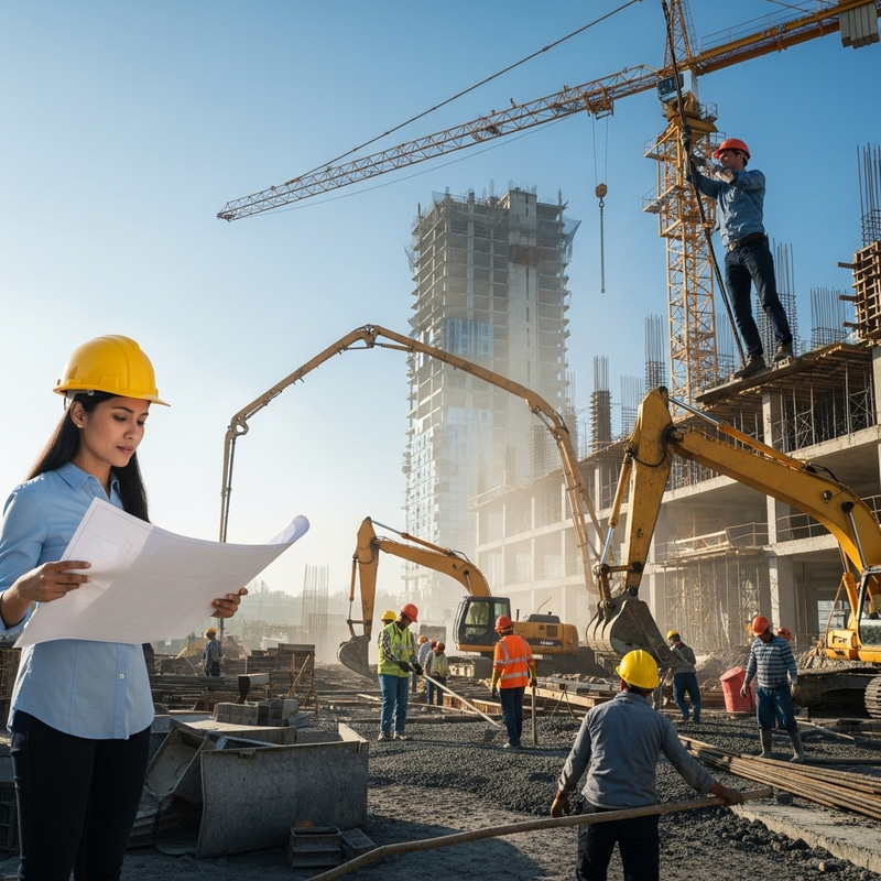 Dynamic Construction Scene: Diverse Workers in Morning Light Dynamic Construction Scene: Diverse Workers in Morning Light