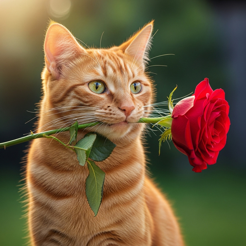 Red Cat Holding Red Rose - Lovely Display