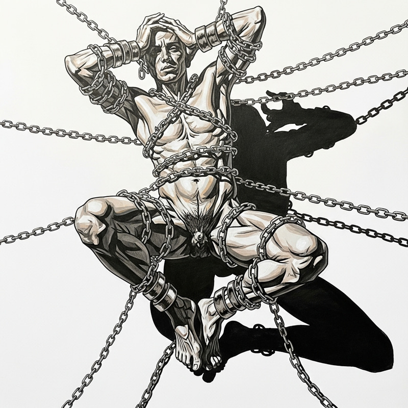 Body Ensnared in Metal Chains - Abstract Art Drawing