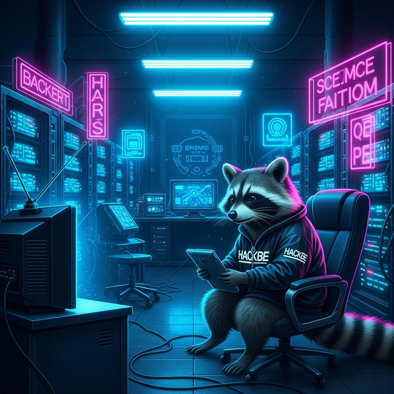 Neon Cyber-Themed Data Center with Mysterious Raccoon