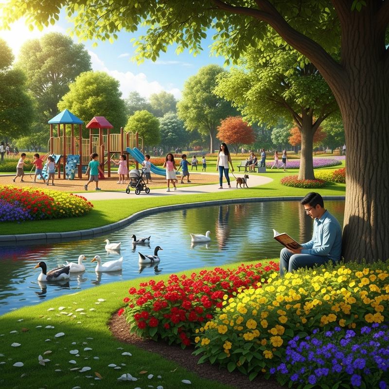 Lively Park with Vibrant Flora and Diverse Activities Lively Park with Vibrant Flora and Diverse Activities