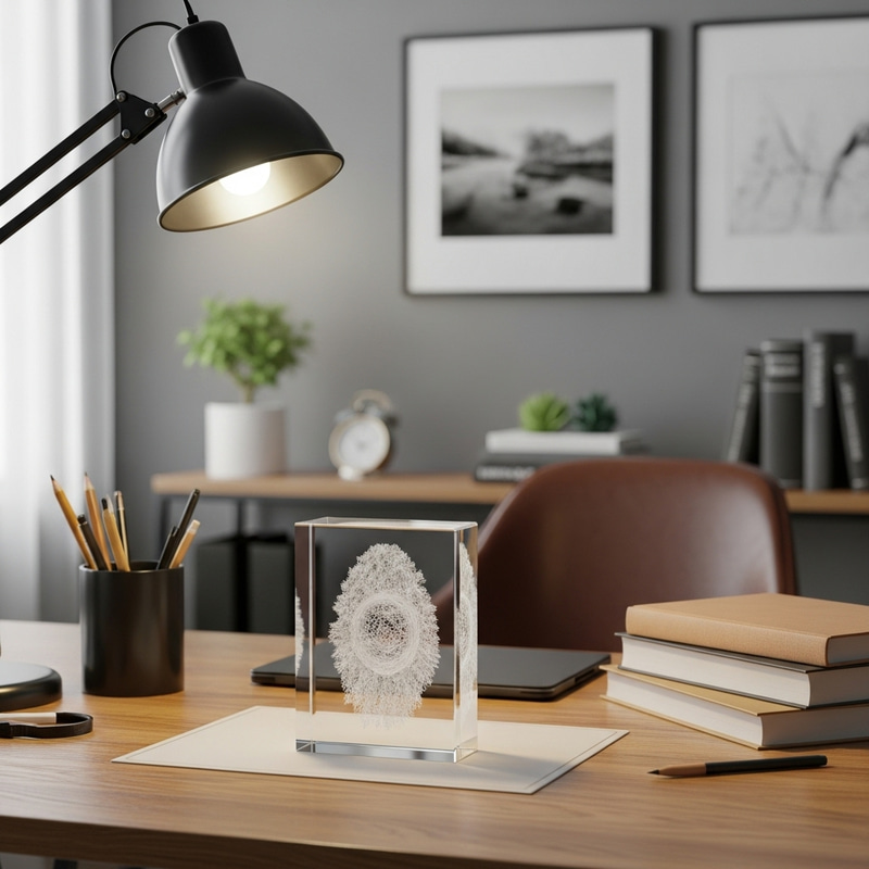 3D Engraving in Crystal Rectangle on Home Office Desk 3D Engraving in Crystal Rectangle on Home Office Desk