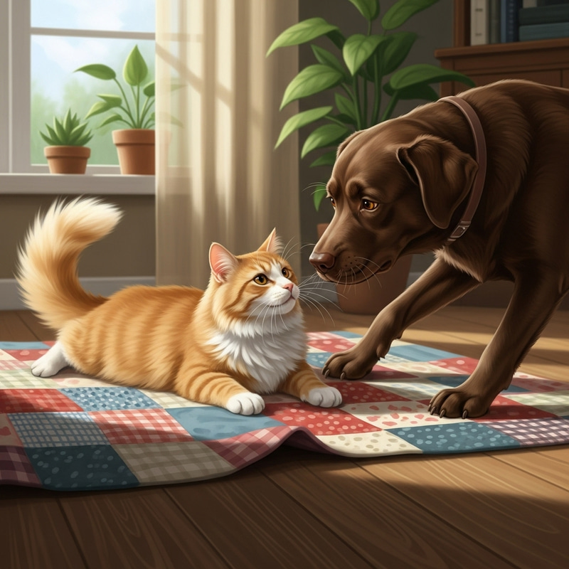 Harmonious Interaction Between Cat and Dog - Domestic Scene Harmonious Interaction Between Cat and Dog - Domestic Scene