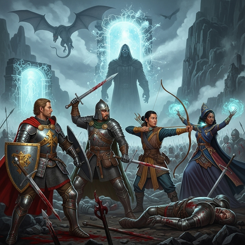 Courageous Medieval Heroes Battle Giant Villain in Dark Art Scene