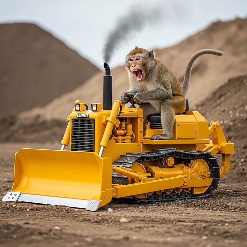 Playful Monkey Operating Yellow Bulldozer | Humorous Construction Scene