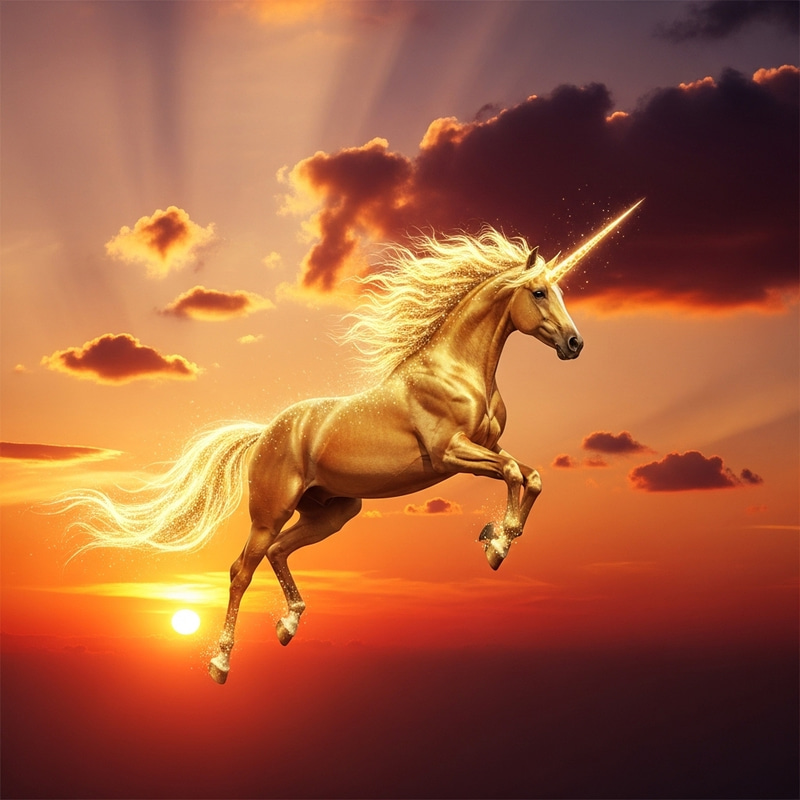 Golden Unicorn Soaring in the Sky