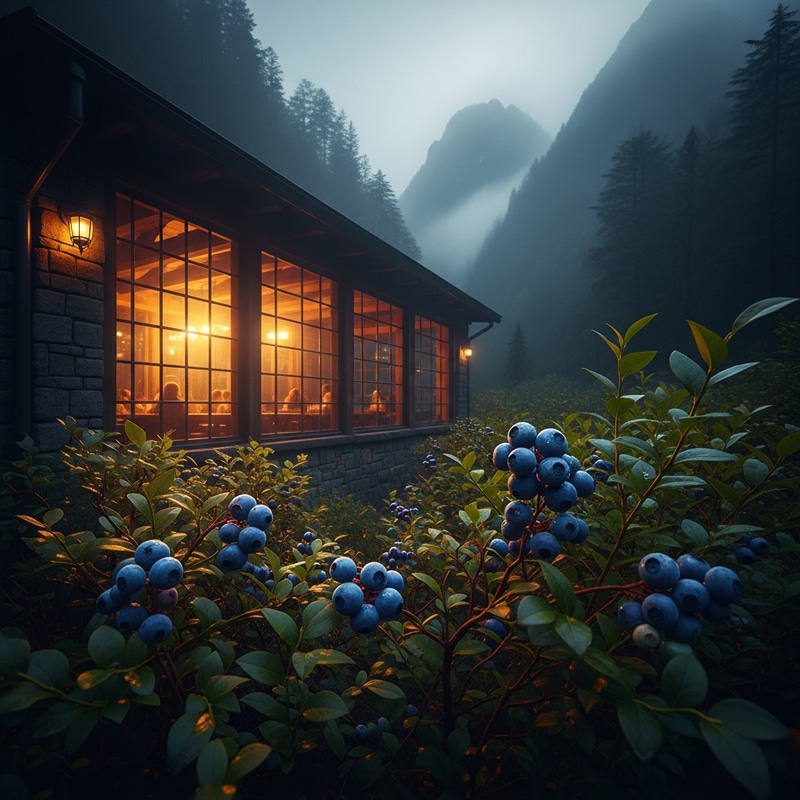 Serene Mountain Café: Misty Blueberries and Warm Glow