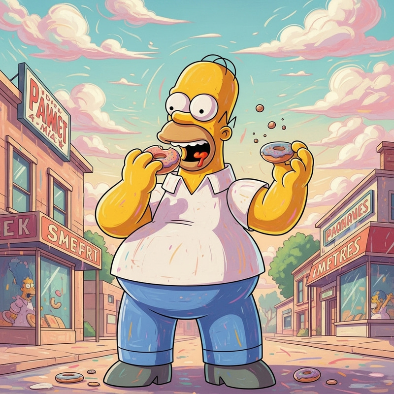 Vivid Homer Simpson-Style Animated Character Devouring Donut in Pastel Springfield