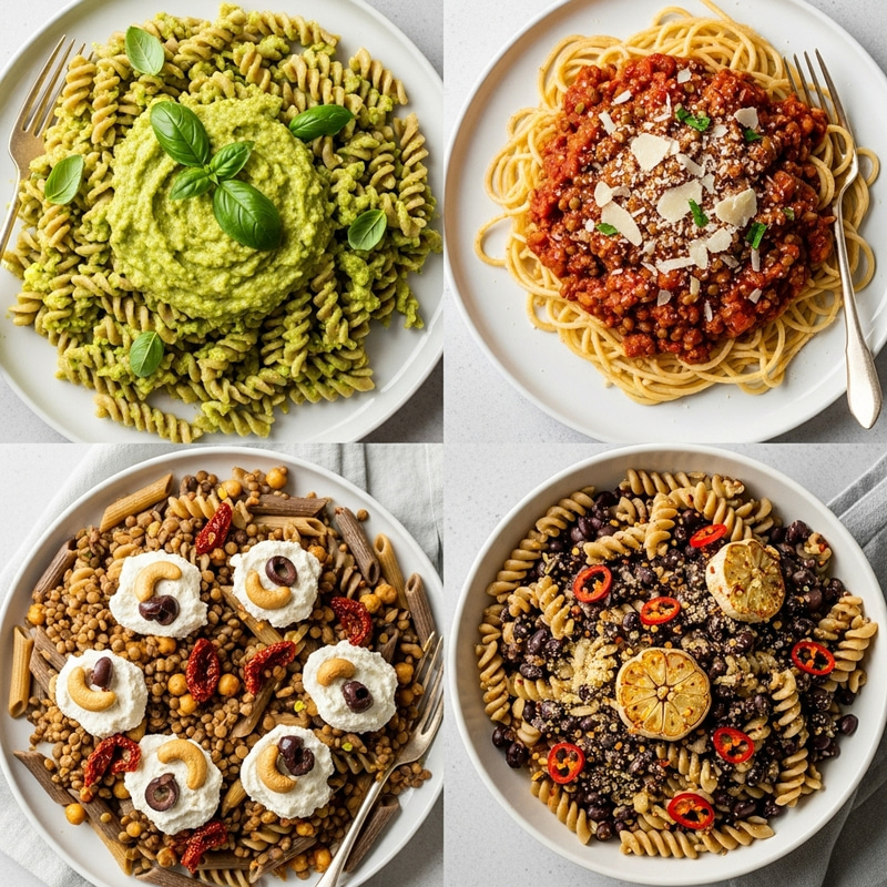 Delicious Plant Based Pasta Dishes: Avocado Pesto, Lentil Bolognese Delicious Plant Based Pasta Dishes: Avocado Pesto, Lentil Bolognese