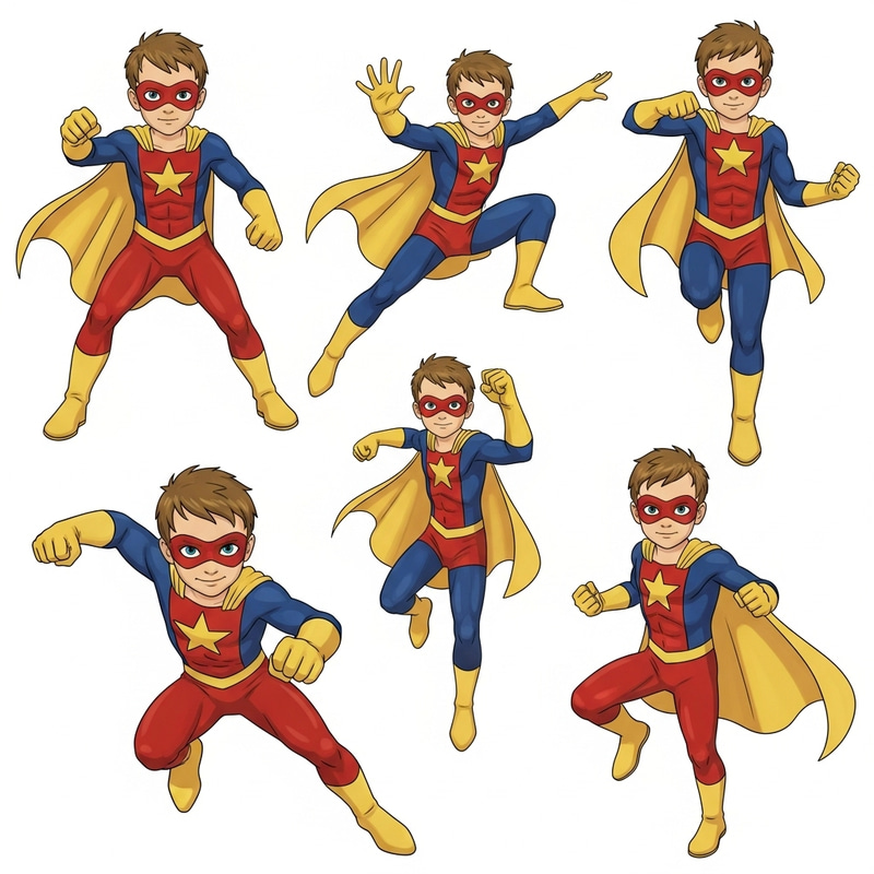 Vibrant Superhero Boy in Action Poses | Bold Digital Art