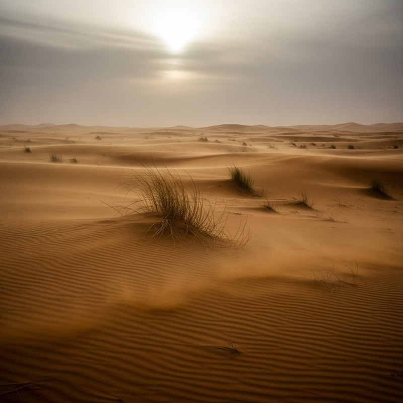 Golden Sandstorm in a Barren Desert Landscape