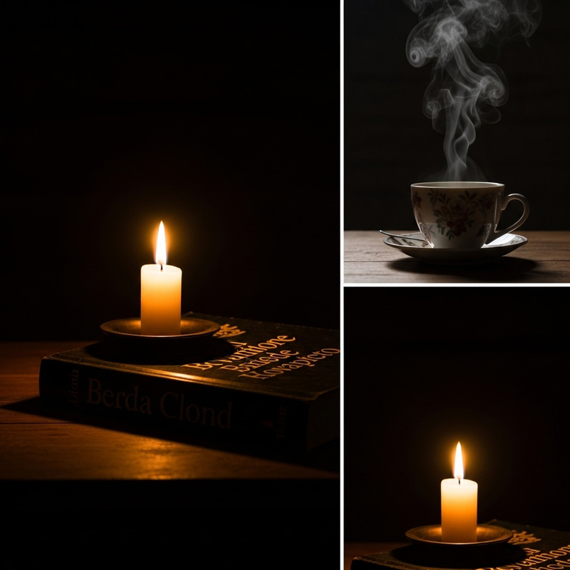 Candlelight Shadows: Book Title, Tea Steam, Dark Room Candlelight Shadows: Book Title, Tea Steam, Dark Room