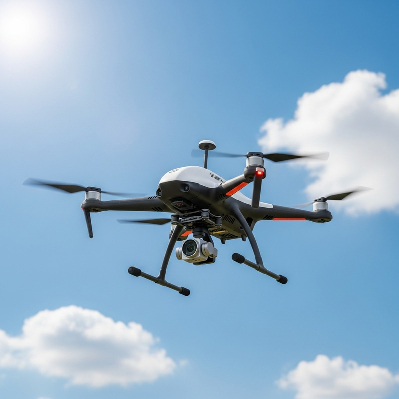 White Drone with High-Resolution Camera in Blue Sky White Drone with High-Resolution Camera in Blue Sky