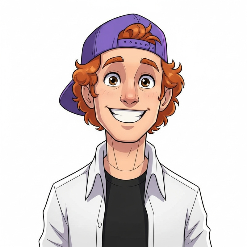 Friendly Ginger-Haired AI Character with Purple Hat | Cartoon Friendly Ginger-Haired AI Character with Purple Hat | Cartoon