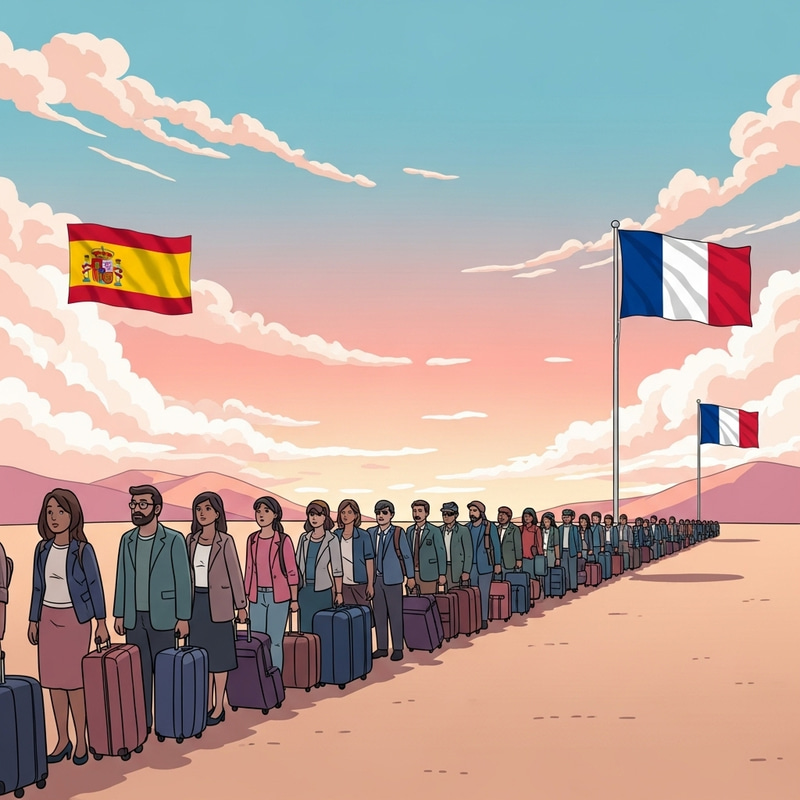 Diverse Individuals in Queue with Spanish and French Flags