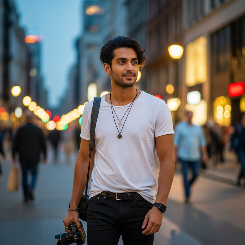 Stylish South Asian Man in Twilight City Scene | Urban Photography Model