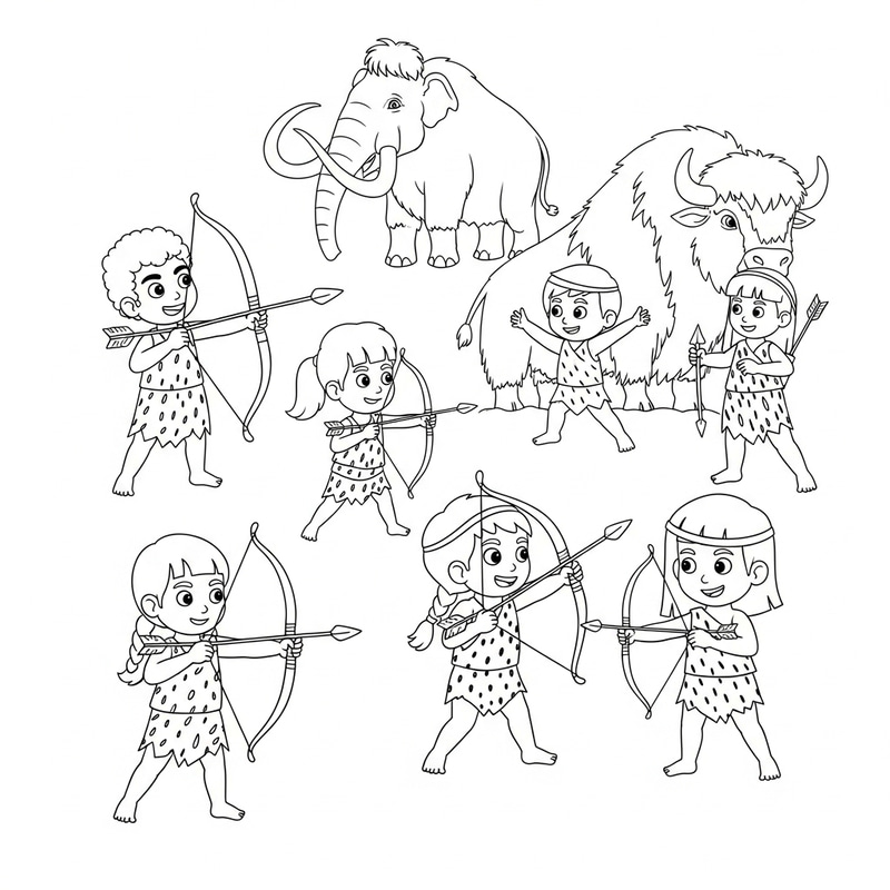 Prehistoric Kids Coloring Page: Mammoth, Bison, and Hunter Sketch Prehistoric Kids Coloring Page: Mammoth, Bison, and Hunter Sketch