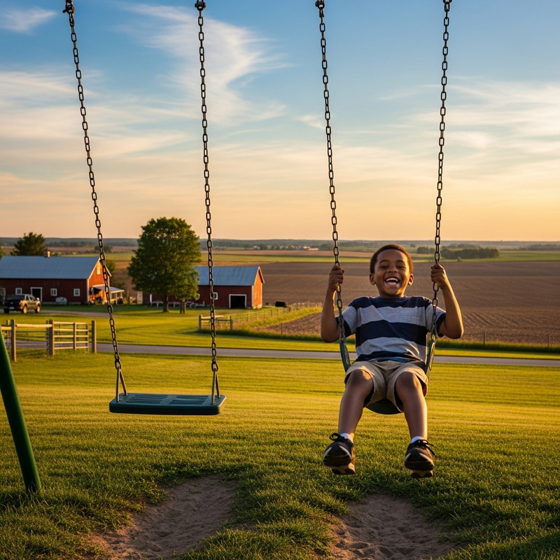 Joyful African American Boy Swinging on Farm