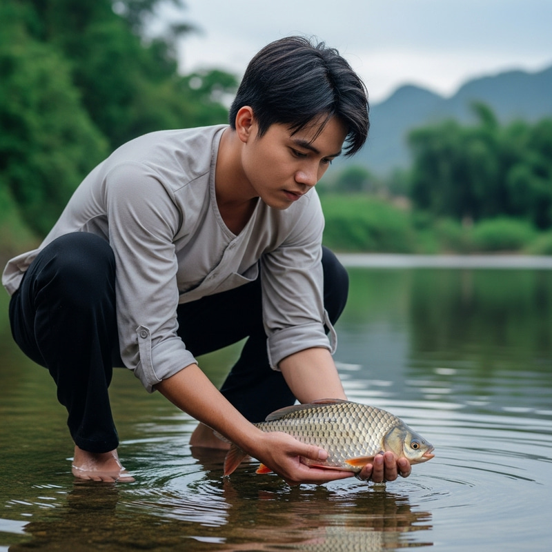Vietnamese Man Contemplating Releasing Fish | Captured Dilemma Vietnamese Man Contemplating Releasing Fish | Captured Dilemma